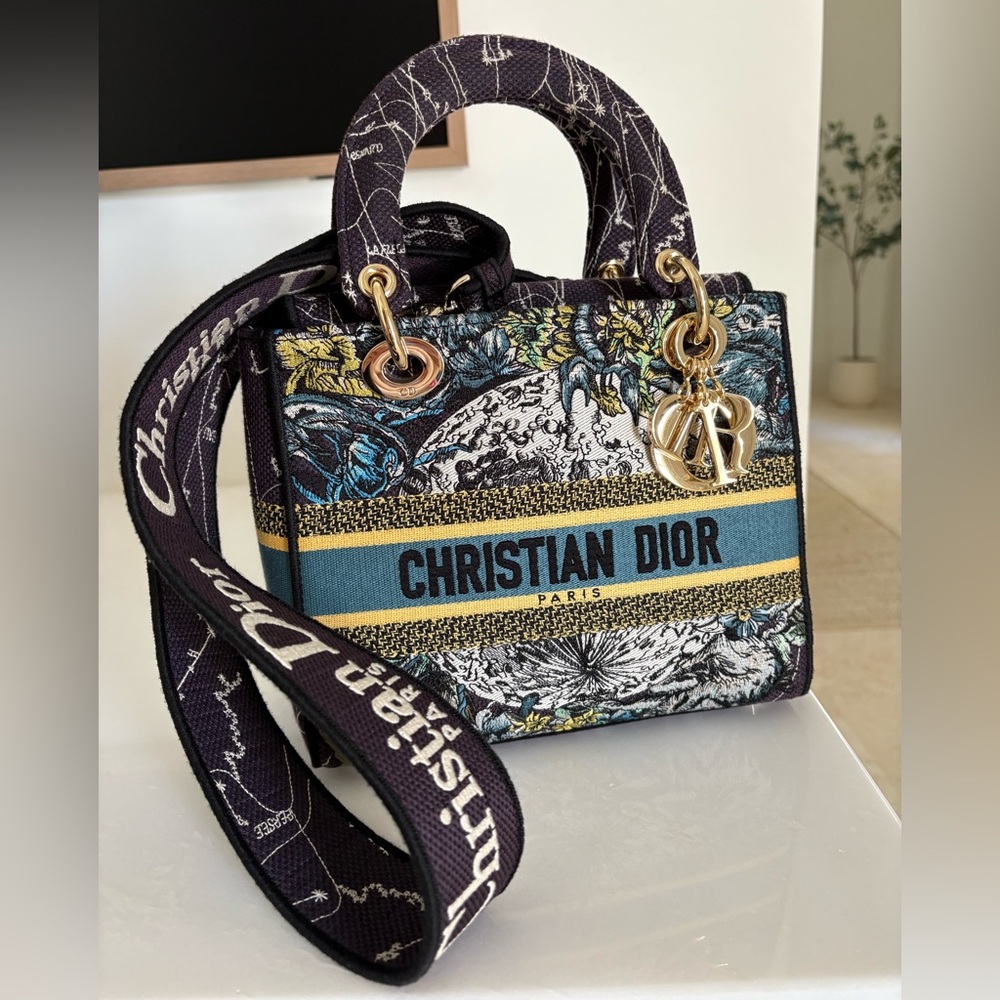 Christian Dior Canvas Embroidered Zodiac Medium Lady D-Lite Blue Multicolor